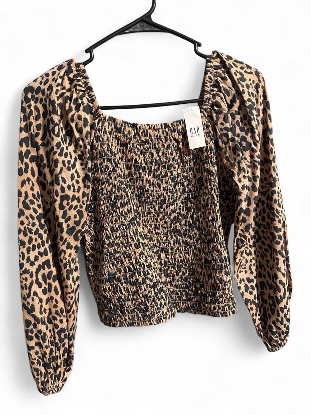 Gap Ladies' Leopard Print Smocked Long Sleeve Top - Tan/Black